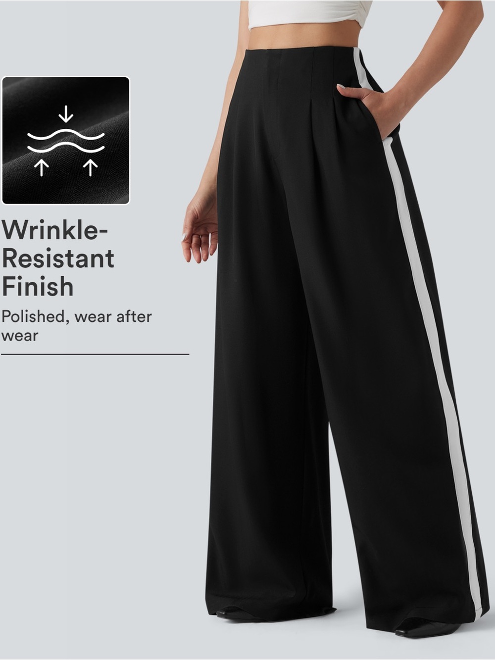 HALARA Black Wide-Leg Pants with White Side Stripe